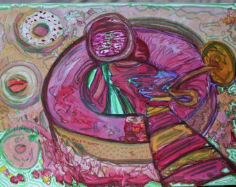 Donut Drawing abstract food painting Whimsical Quirky pink patterns cake bright colourful wall art - Psychedelic trippy kitchen decor