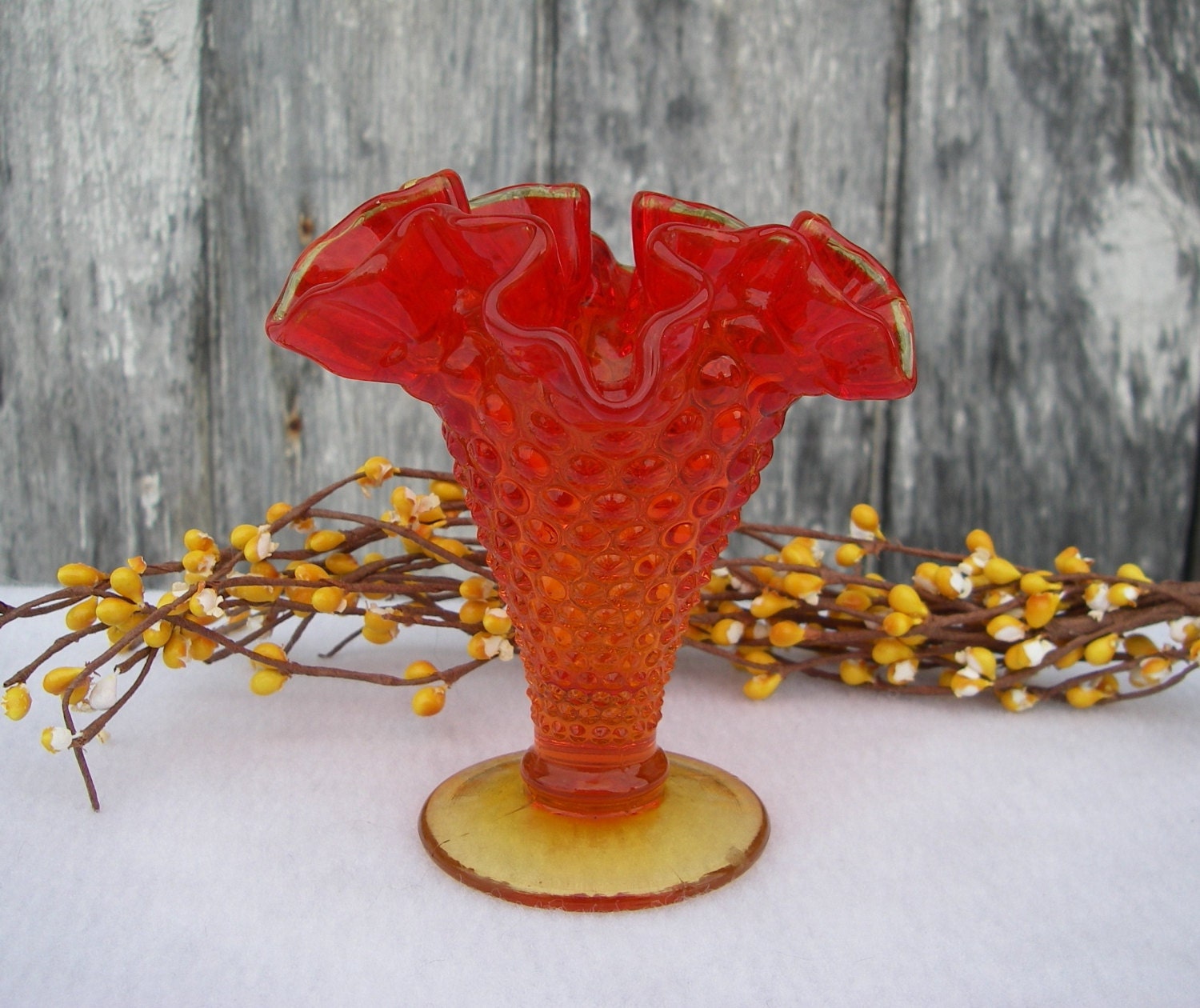 Vintage Amberina Glass Vase Crimped by tnjsvintagetreasures