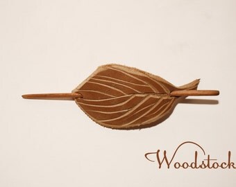 Leather stick barrette , handcarved , hair barrette , hair clip , hair pin , hair stick , leaf barrette