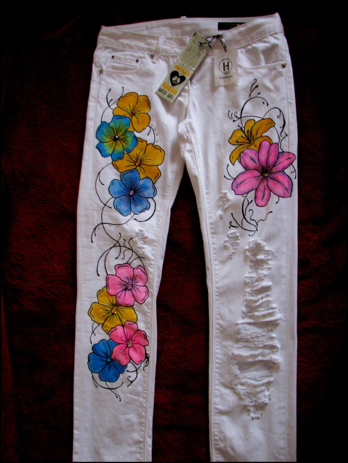 SALE vintage denim hand paint jeans ripped free by VintageBrand