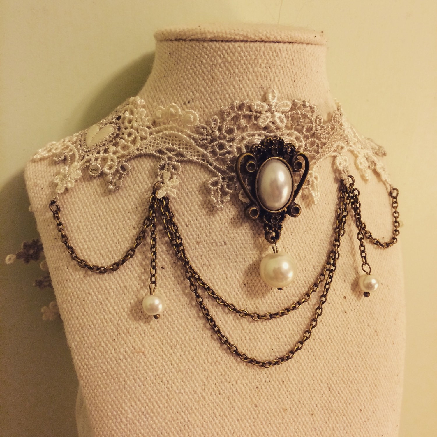 Victorian Ivory Lace Choker with Chain and Pearls