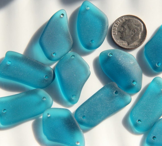 6 pcs13-20x24-26mmTEAL Sea Glass Free Form 2 Hole