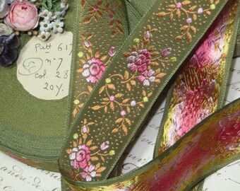 1y Vintage OLIVE FRENCH JACQUARD Woven Ribbon Floral Flower Trim Pink Blue Yellow Green White Wedding Antique Millinery Hat Supply Cocarde