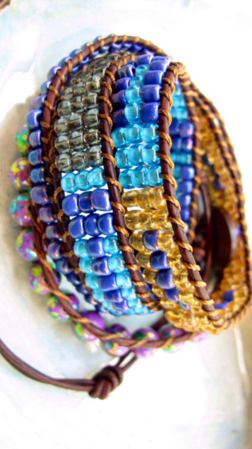 4 Wrap Bracelet "Vibrantly Vintage" --Authentic Vintage Button Detail--A Mix of Gorgeous Czech Glass Beads Woven on Certified Green Leather