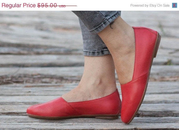 red flat leather shoes