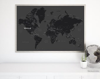 36x24" Printable world map with countries and states labelled. Valentines gift for him, diy travel pinboad for him, black and white. 140-034