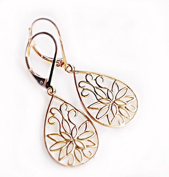 Lotus flower earrings gold dangle earrings