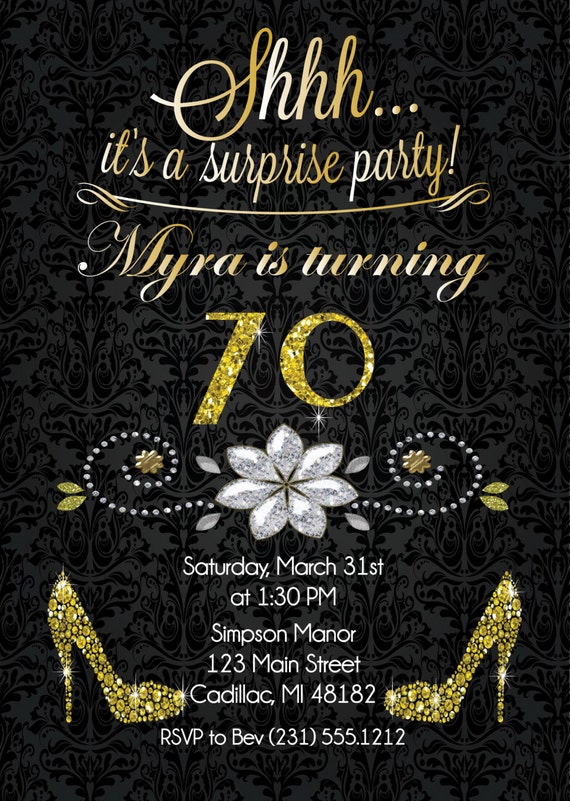 birthday invitation 70th surprise glitter invite adult invitations celebration mom cards parties