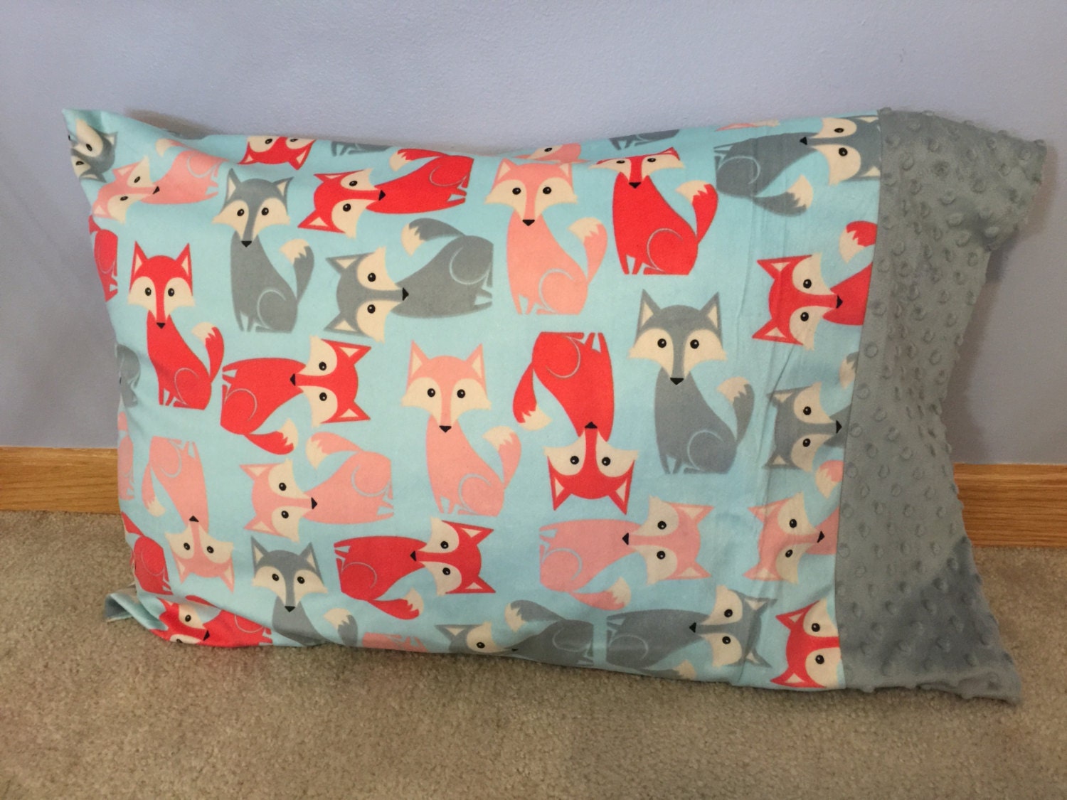 Standard Minky Pillowcase Gray Red and Pink by MamasCozyQuiltShop