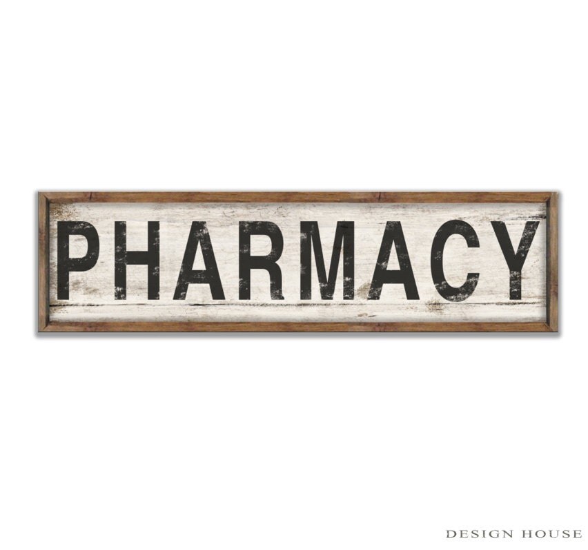 Wooden pharmacy typography sign framed out in wood. Handmade.