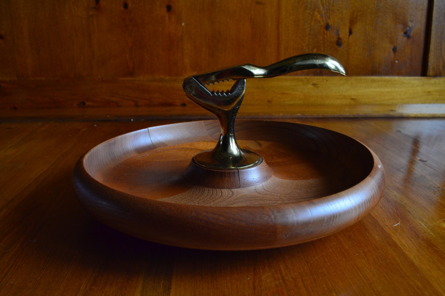 Vintage Wooden Nut Bowl with Attached Nutcracker from Japan
