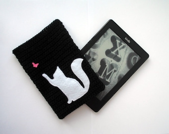 Kindle case with white cat, kindle paperwhite sleeve, kindle paperwhite case cover, e readers covers, knit accessories, cat and butterfly.