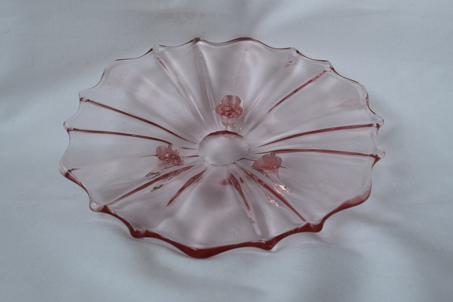 Pink Depression Glass Scalloped design, delicate three legged Candy