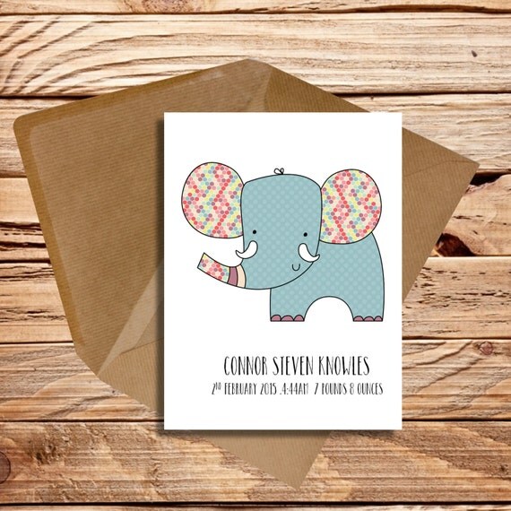 Personalised new baby card elephant themed