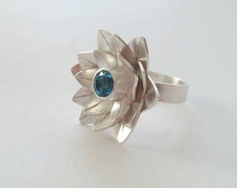 Lotus Ring - Blue Topaz Ring - Sterling Silver Ring - Flower Ring - made to order