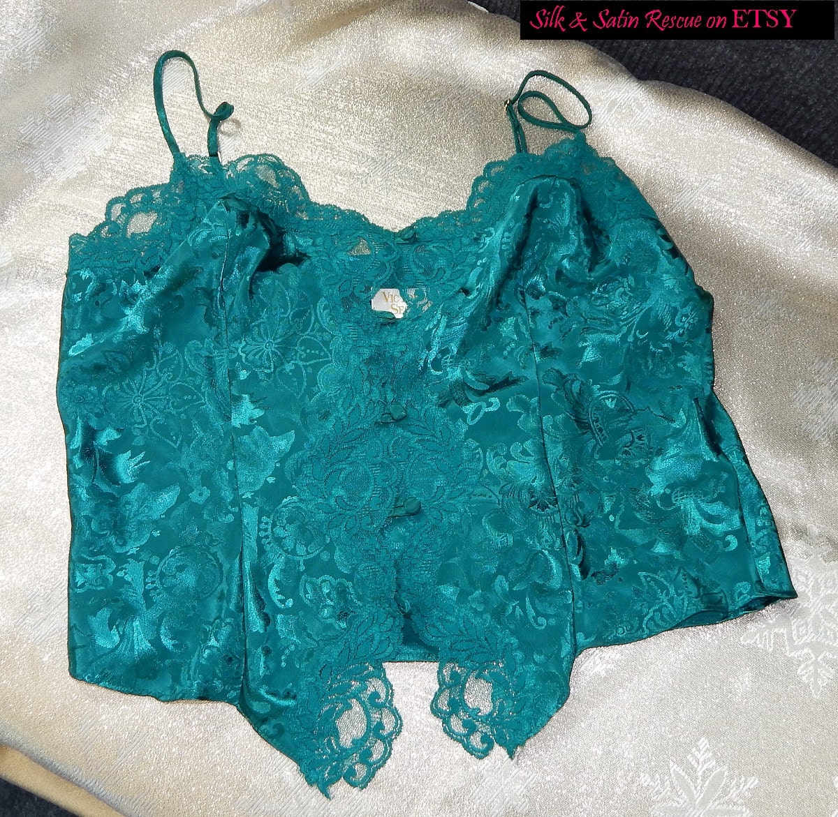 Vintage Victoria's Secret Green Satin Jacquard and Lace