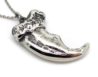 Heavy Polar Bear Claw Necklace, Hand Carved Animal Pendant in Pewter