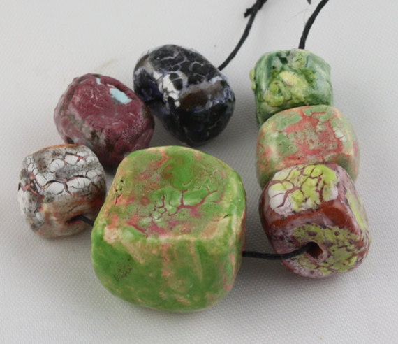 Set of 7 handmade ceramic glazed art beads cubes with amazing surfaces "crawling cubes2"