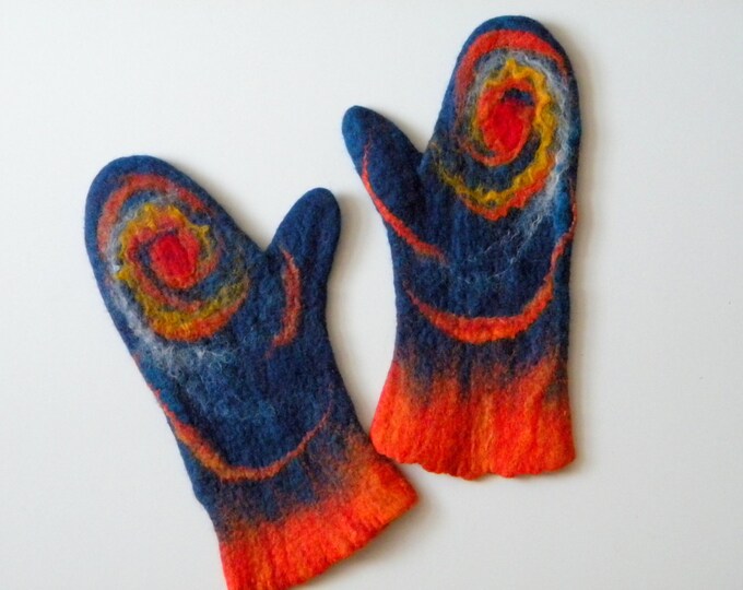 Christmas set scarf and mittens Van gogh starry night scarf mittens Outdoors gift Blue felted scarves Winter accessory boyfriend gift