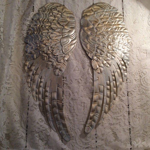 Large metal Angel wings wall decor distressed white