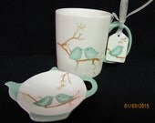 Custom Order for Christeen  2 sets mugs   Tea holder 12 oz., Gift Set with aqua Blue, branch;  painted by B Marsh Porcelain ceramic pottery