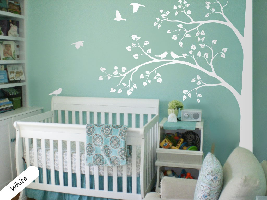 White Tree Wall Decal Huge Corner Tree with Leaves by StudioQuee
