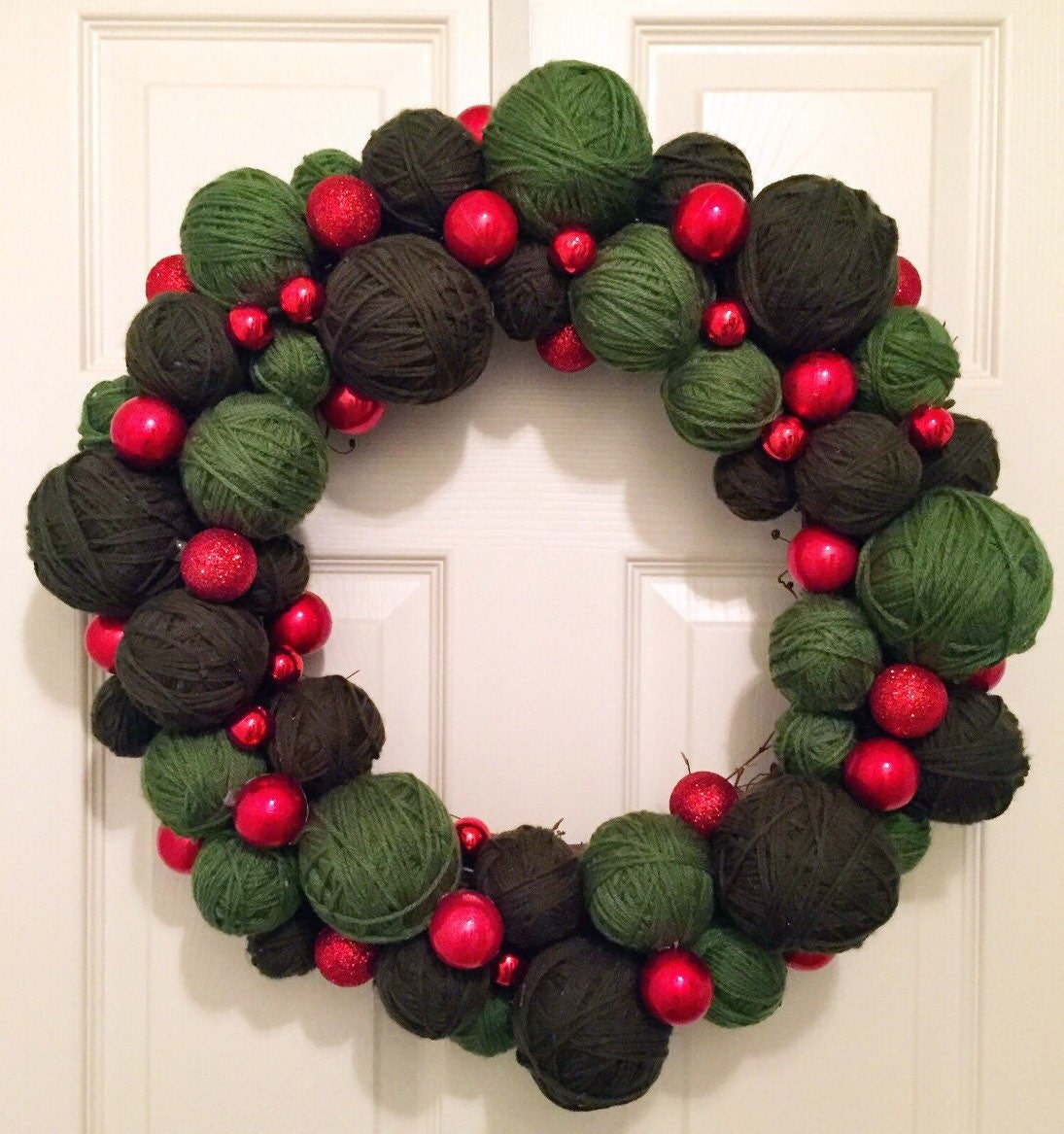 Christmas Holiday Green Yarn Ball Grapevine Wreath with Red