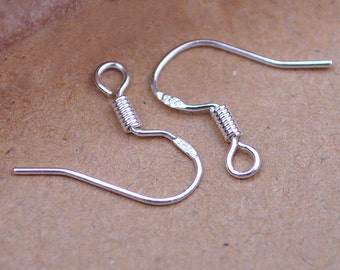 50pc(25pair) 925 Sterling Silver plated Ear Wires earrings copper ear hooks,Silver Earring Hooks French Earwire with Coil Findings 15mm.