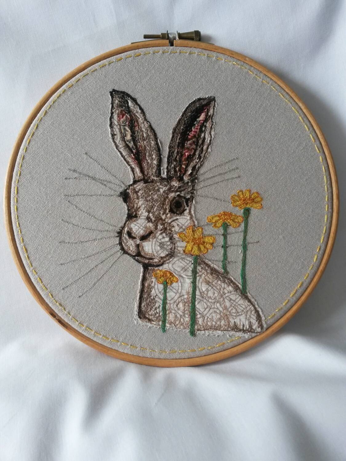 Hare in the flowers Free motion embroidery and appliqué.