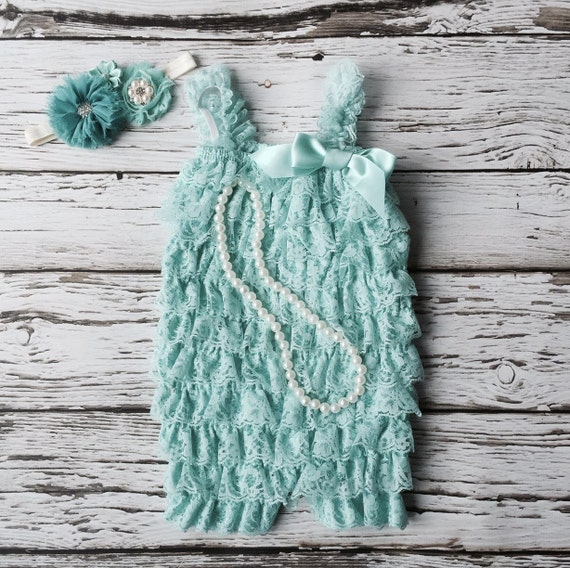 Aqua lace romper. Baby girl 1st birthday outfit. Lace baby