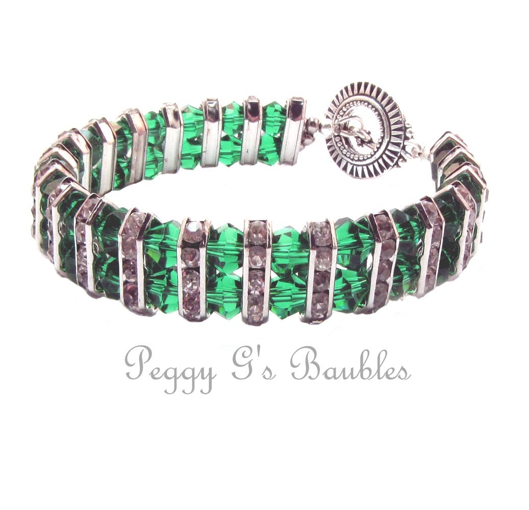 Bracelet Hand Made Emerald Crystal and Silver by PeggyGsBaubles