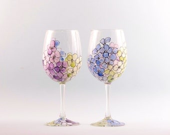 Hand Painted Wine Glasses - Hydrangea Flower Wine Glasses - Mother's Day Wine Glasses - Set of Two
