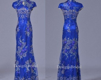 Blue Qipao Dress Long,Lace Chinese Vintage Cheongsam Holiday Dresses,Gold Fishtail Traditional Chinese Dress,Chinese Wedding Party Dress