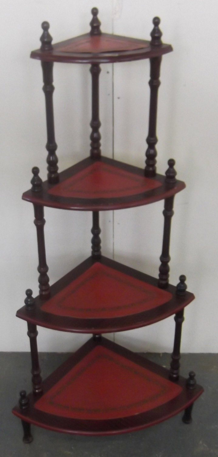 Mahogany Four Tier Corner Shelving Unit with Red Leatherette Inserts ...