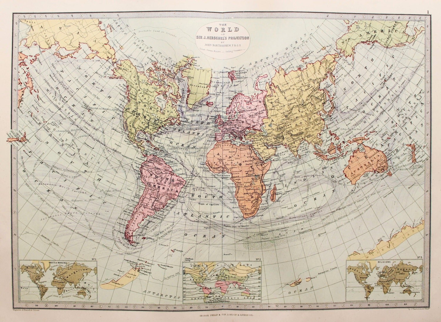 1874 Bartholomew Antique Map : World Map On Herschel's