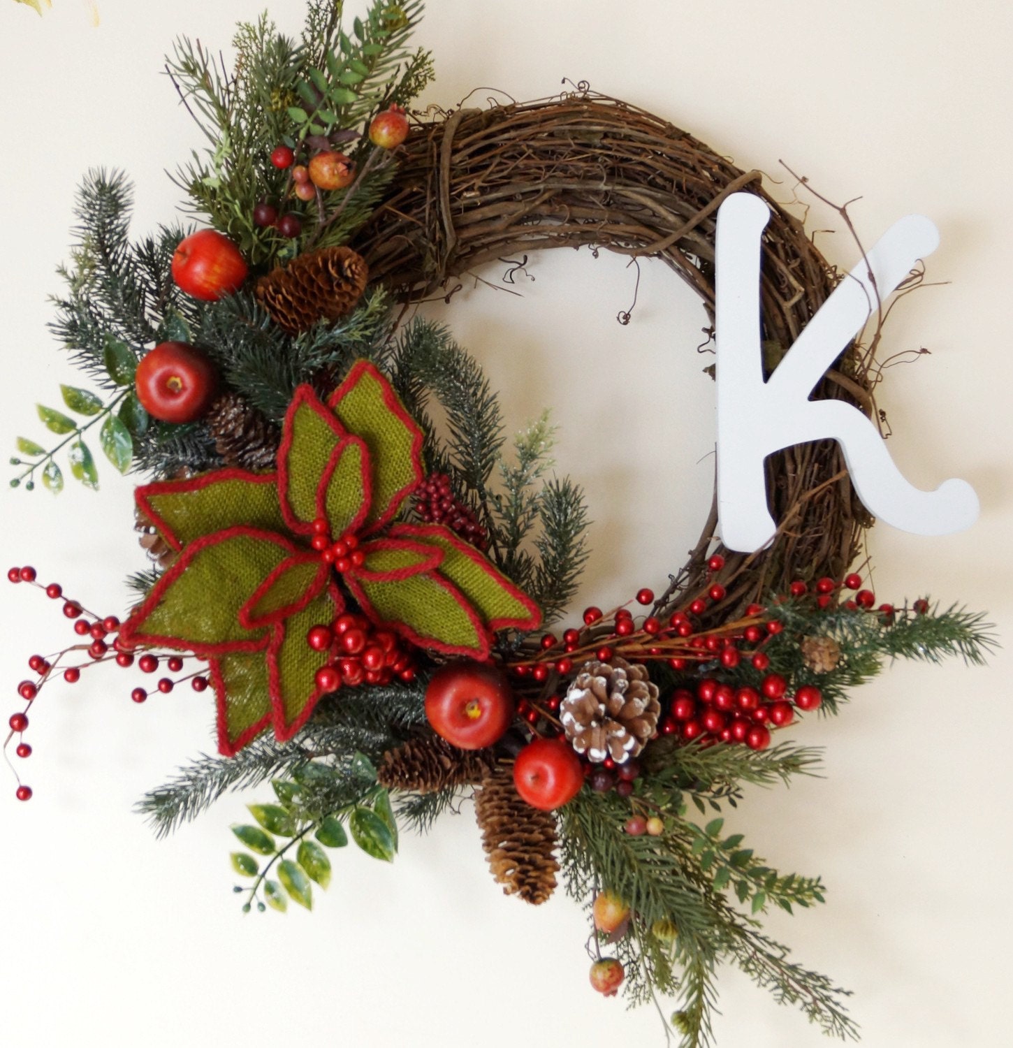 Rustic Wreath, Winter Wreath with red apples, berries, pine cones, Burlap Flower Christmas wreath