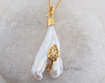 Fresh Water Pearl Rare Piece Fancy Shape Micron Gold Plated 925 Sterling Silver Pendant Necklace, Fresh Water Pearl Necklace #5047