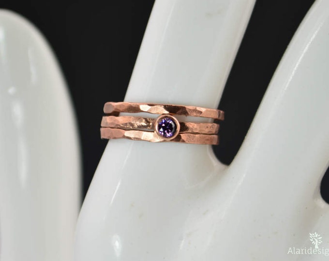 Copper Amethyst Ring, Classic Size, Stackable Rings, Mother's Ring, February Birthstone Ring, Copper Jewelry, Amethyst Ring, Pure Copper
