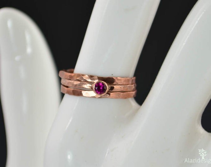 Copper Ruby Ring, Classic Size, Stackable Rings, Ruby Mother's Ring, July Birthstone Ring, Copper Jewelry, Ruby Ring, Hammered Copper Ring