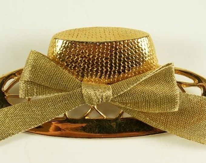 Storewide 25% Off SALE Elegant Vintage goldtone sunhat brooch with unique goldtone ribbon bow perfect for the long winter ahead