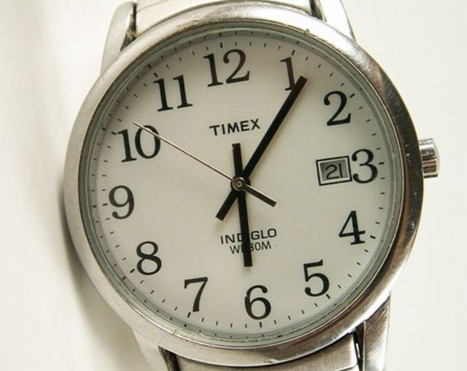 Storewide 25% Off SALE Gentleman's Vintage TIMEX Indiglo Water Resistant Silver Quartz Watch Featuring White Bezel with Date Window Display