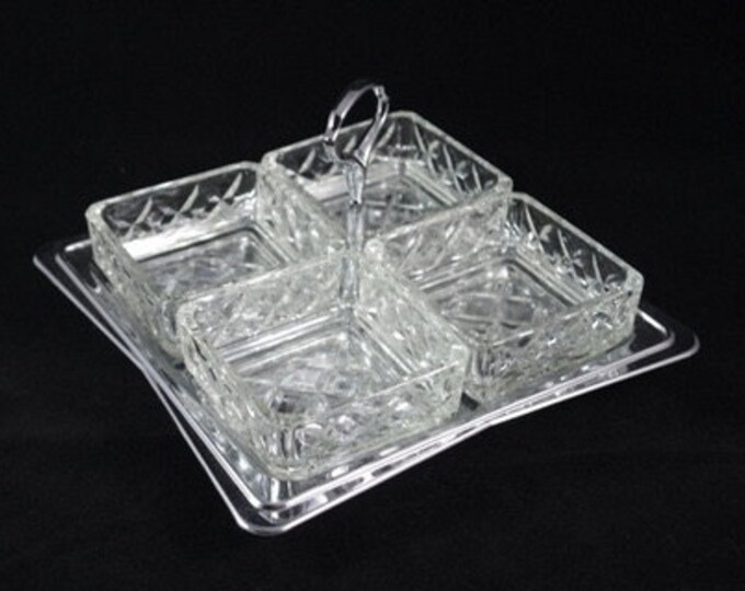 Storewide 25% Off SALE Vintage Beautifully Presented Chrome Handled Serving Tray Featuring Four Compartmentalized Pressed Glass Dishes With