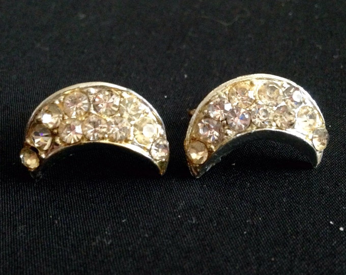 Storewide 25% Off SALE Vintage Iridescent Rhinestone Encrusted Crescent Earrings Featuring Dome Shape Design and Screw Back Posts