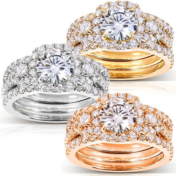 Round Moissanite Bridal Ring Set 2 1/3 Carat ctw in 14k Gold