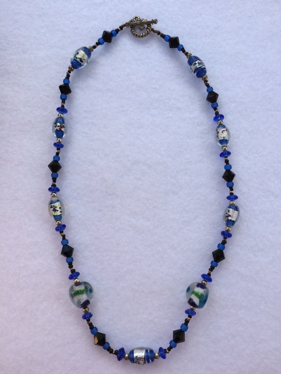 Royal Blue and Black Beaded Necklace with by AQuietGirlsCrafts