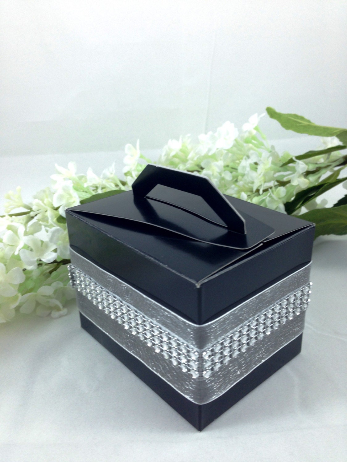 20 Black cake/favor boxes with Silver ribbons and rhinestones