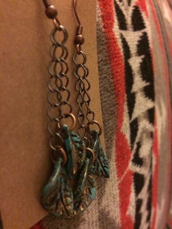 Items similar to Turquoise and Bronze Leaf Earrings on Etsy