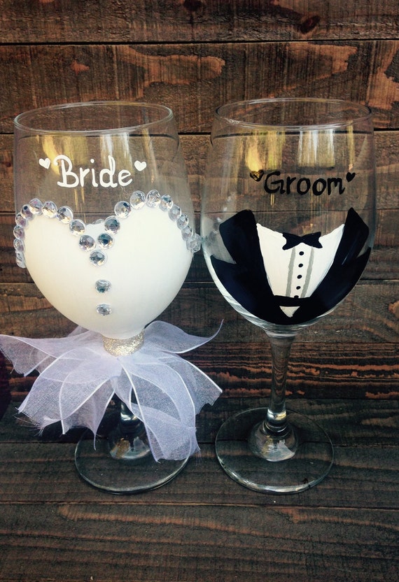 Bride and Groom Wine Glasses by Sealedwithakissgift on Etsy