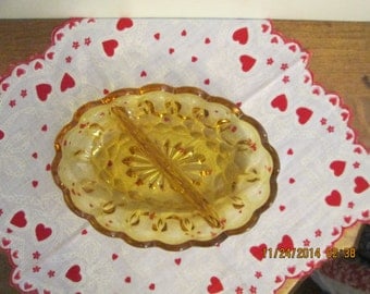 Vintage Anchor Hocking Fairfield Amber Oval Divided Relish Glass Dish / Bowl