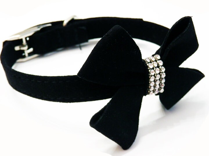 Black Micro Suede Soft Bling Bow Dog Collar Dog by